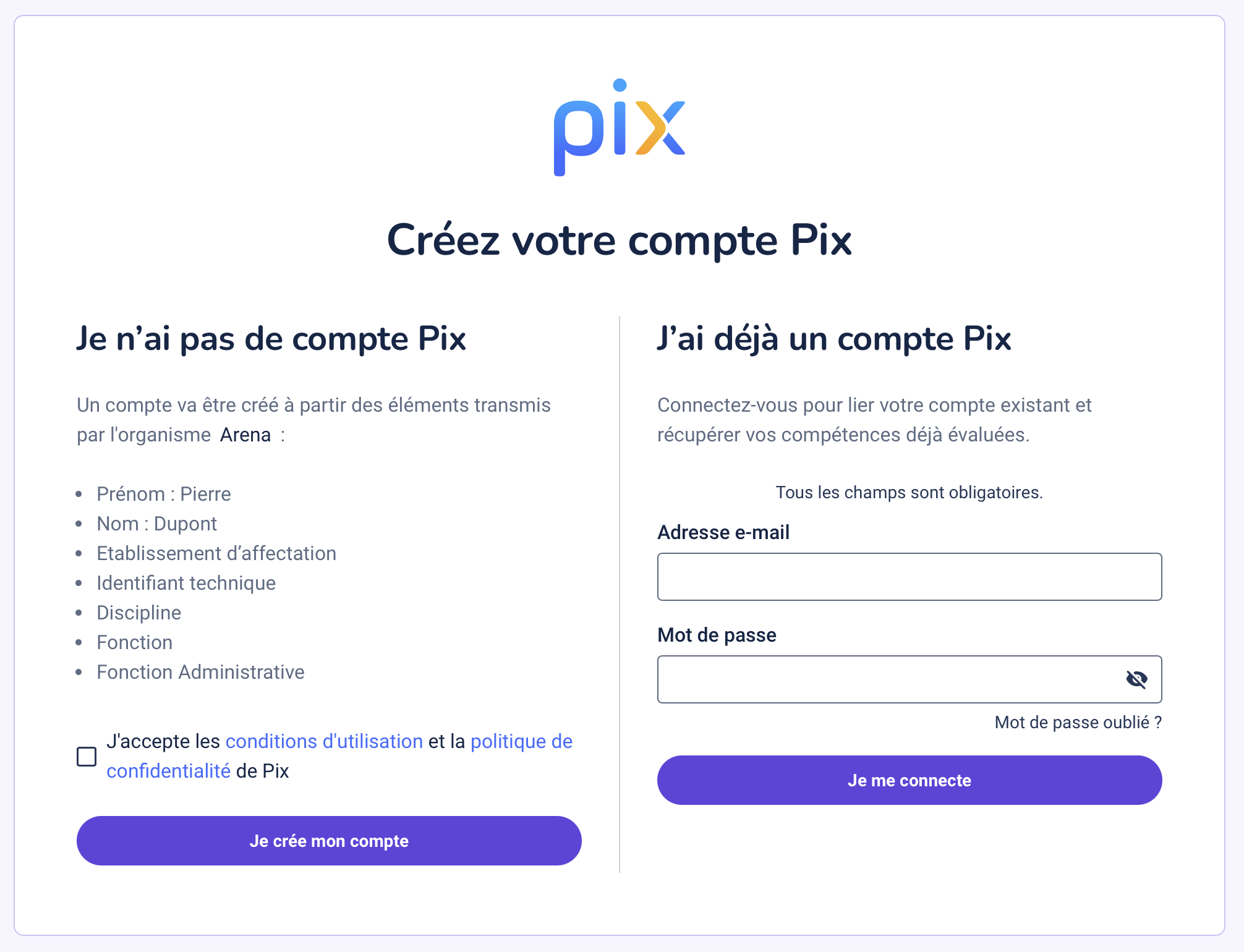 deux options de création de compte : nouveau ou associer existant