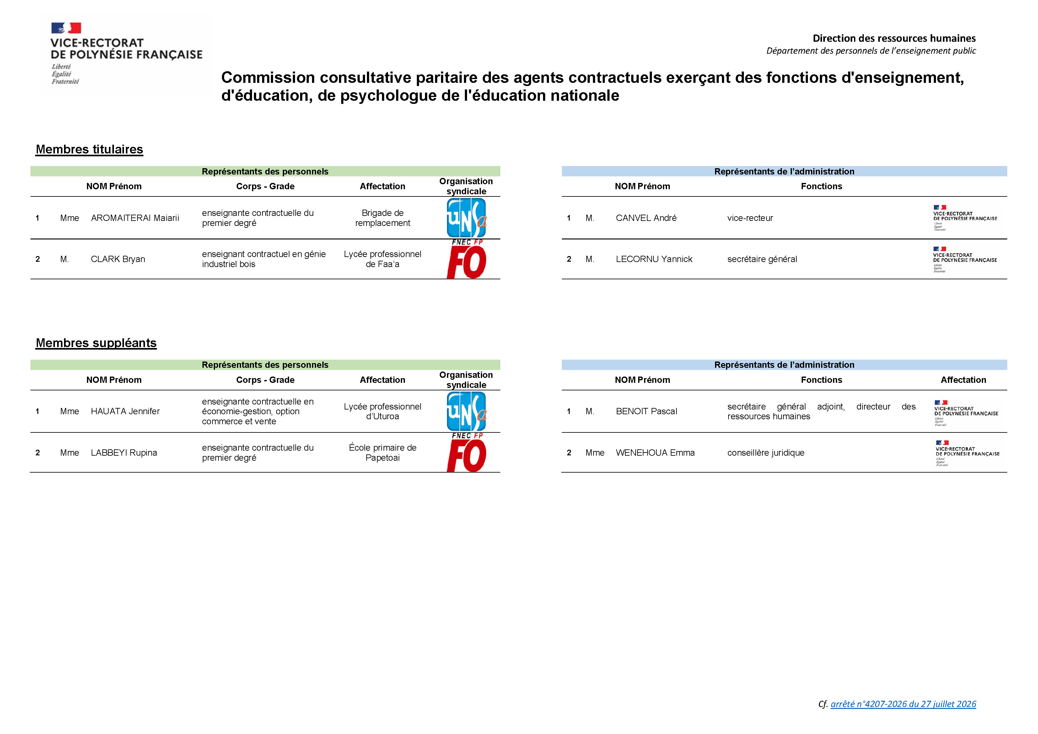 Composition de la CCP des agents contractuels V27-07-2026